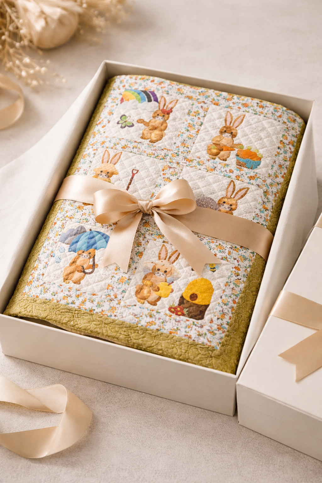 Bunny Days spring quilt folded in gift box with ribbon – perfect Easter or Mother's Day gift, PDF pattern instant download
