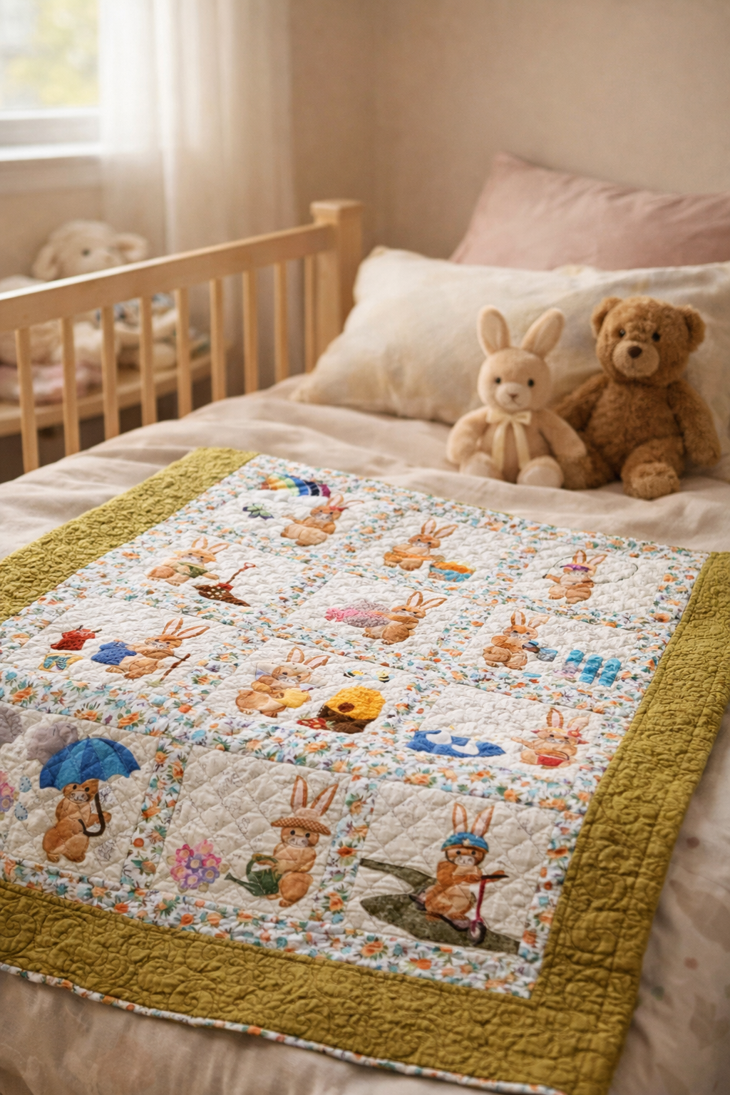 Bunny Days quilt on nursery bed with stuffed animals – adorable baby quilt PDF pattern, spring bunny appliqué design