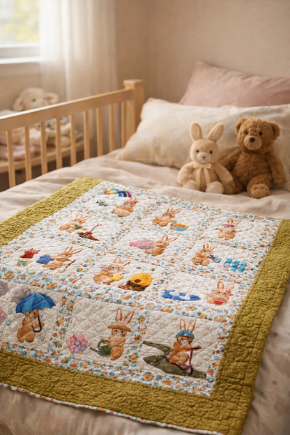 Bunny Days quilt on nursery bed with stuffed animals – adorable baby quilt PDF pattern, spring bunny appliqué design