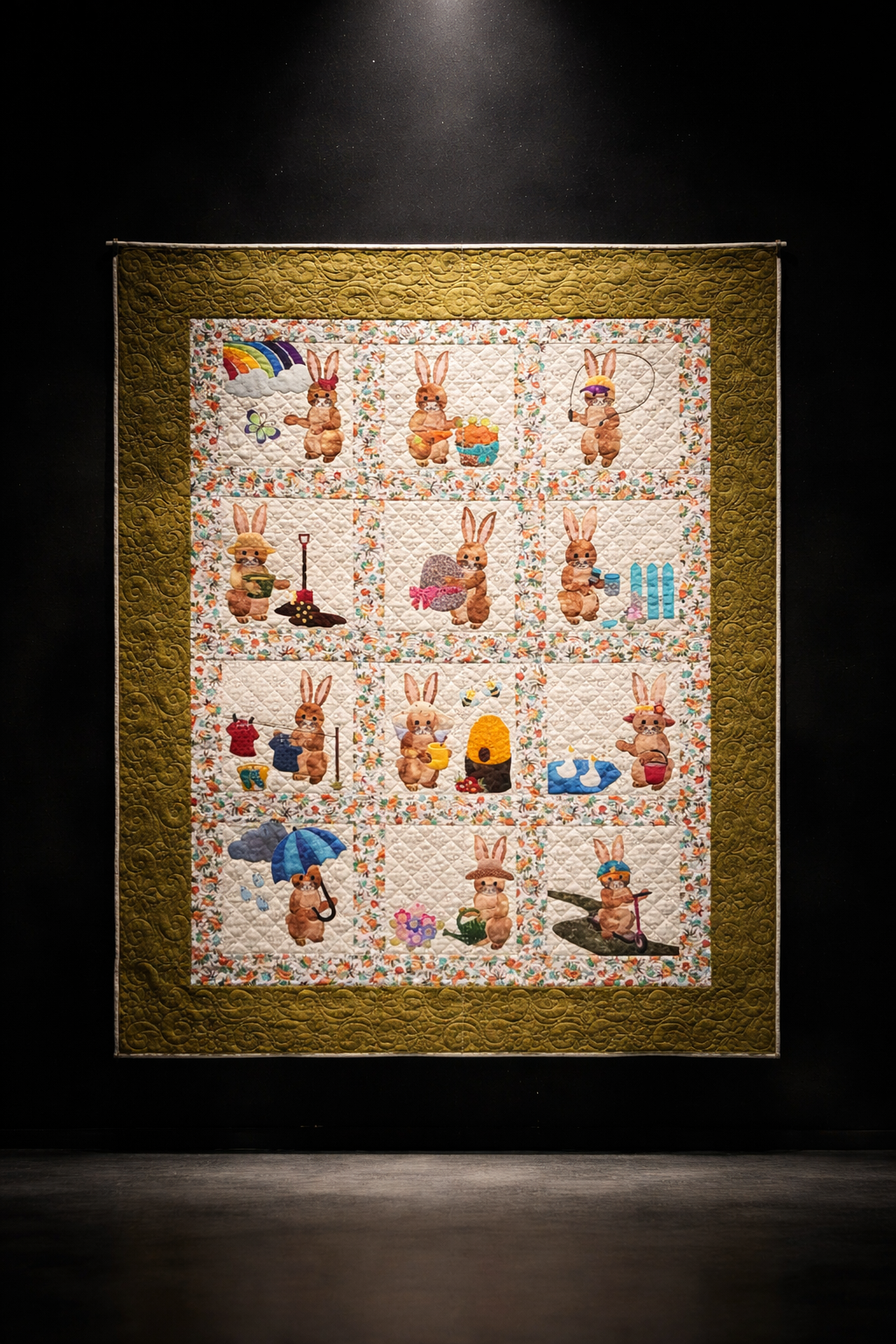 Bunny Days spring quilt hanging on dark wall – spotlight display of 12-block bunny appliqué sampler pattern PDF