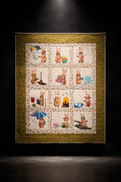 Bunny Days spring quilt hanging on dark wall – spotlight display of 12-block bunny appliqué sampler pattern PDF