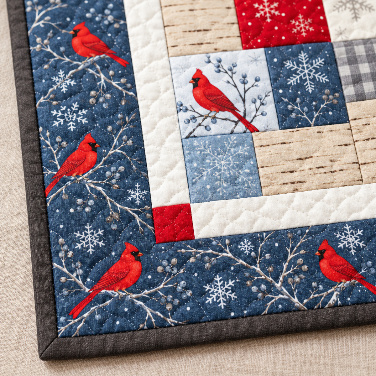 Quilt corner with a red corner stone, white sashing, blue cardinal and snowflake border and charcoal binding
