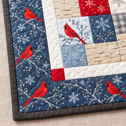 Quilt corner with a red corner stone, white sashing, blue cardinal and snowflake border and charcoal binding
