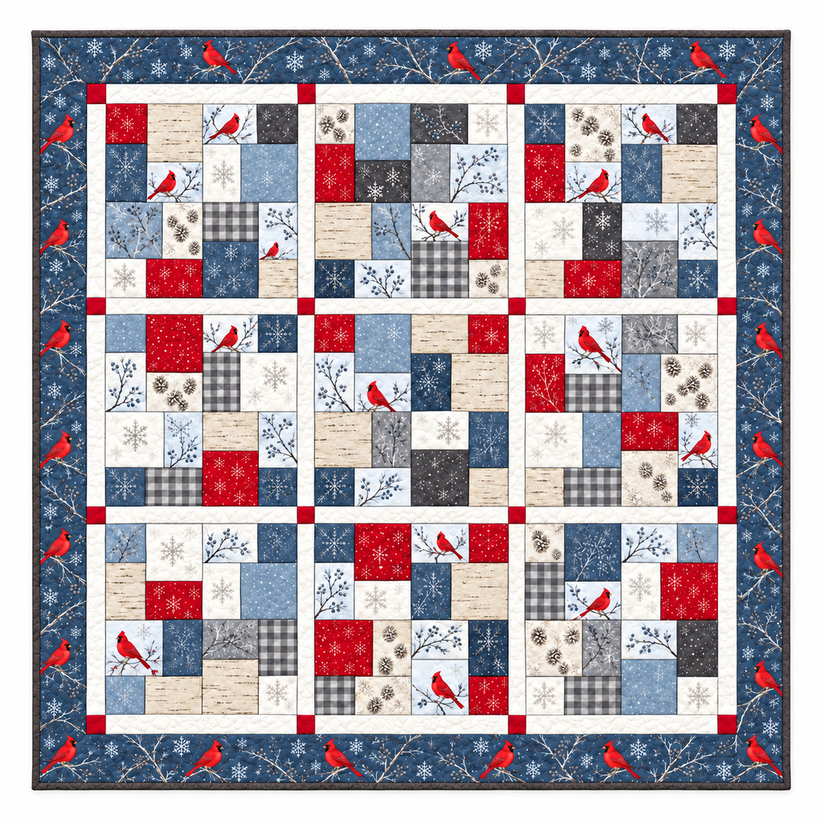 Cardinal Snowfall quilt front view with 9 tossed patchwork blocks, white sashing, red corner stones and a blue cardinal print border