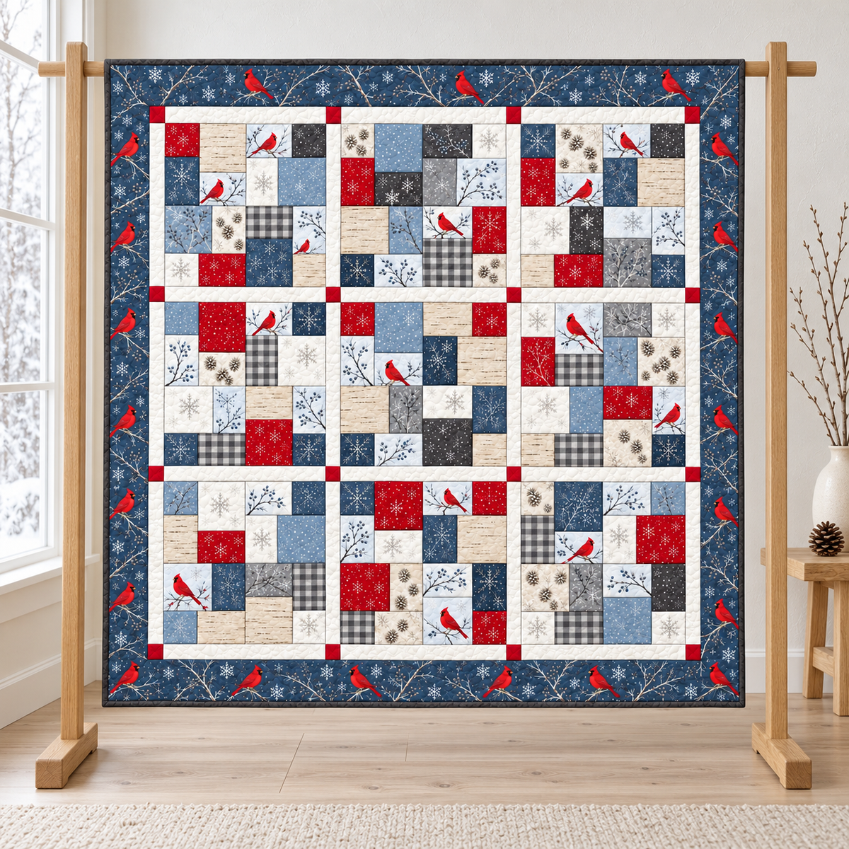 Blue and red winter quilt with cardinal prints hanging on an oak quilt stand