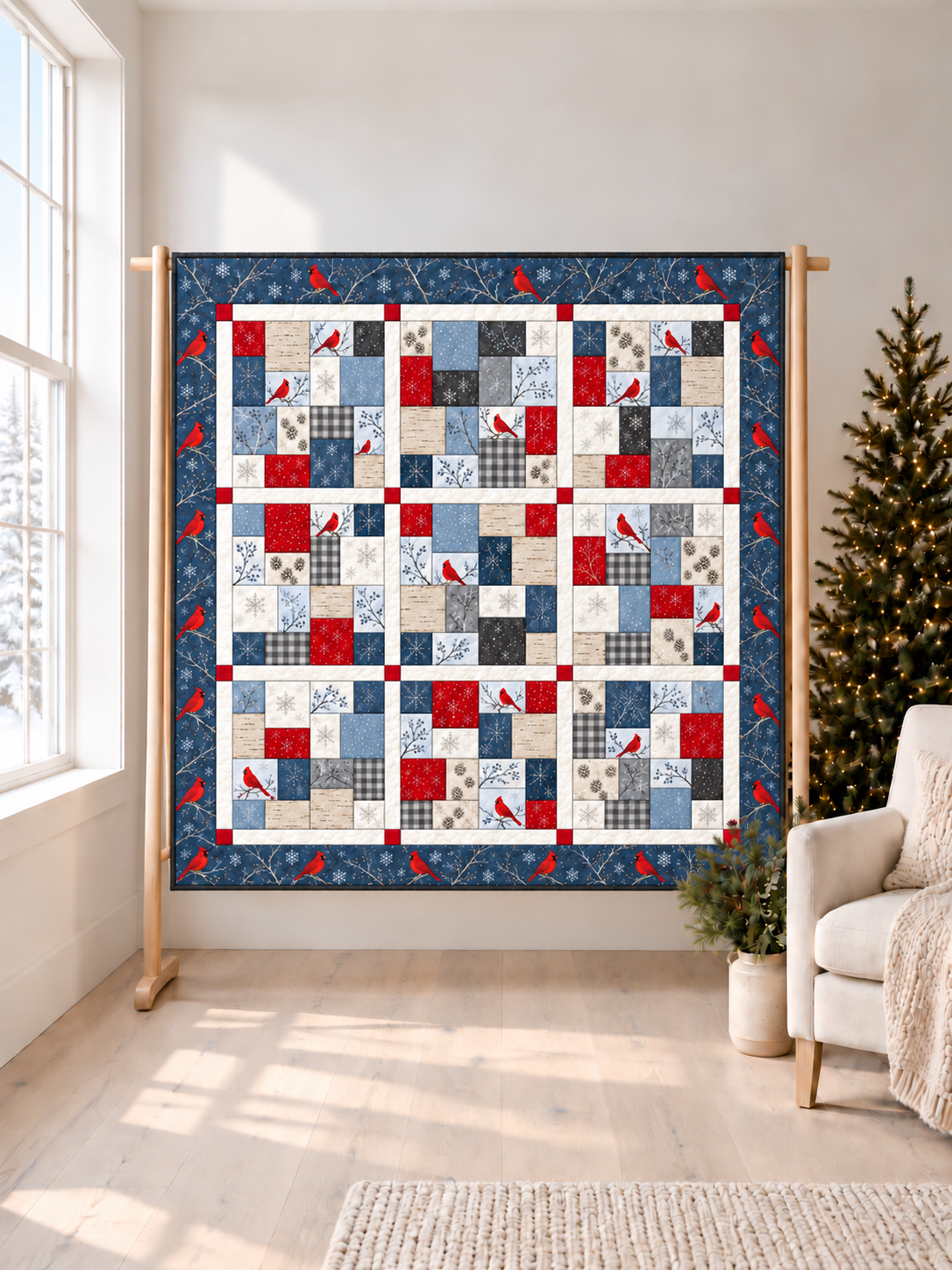 Cardinal Snowfall 10-inch square quilt pattern PDF, winter cardinal throw quilt in blue, red and white on a wooden stand in a bright room
