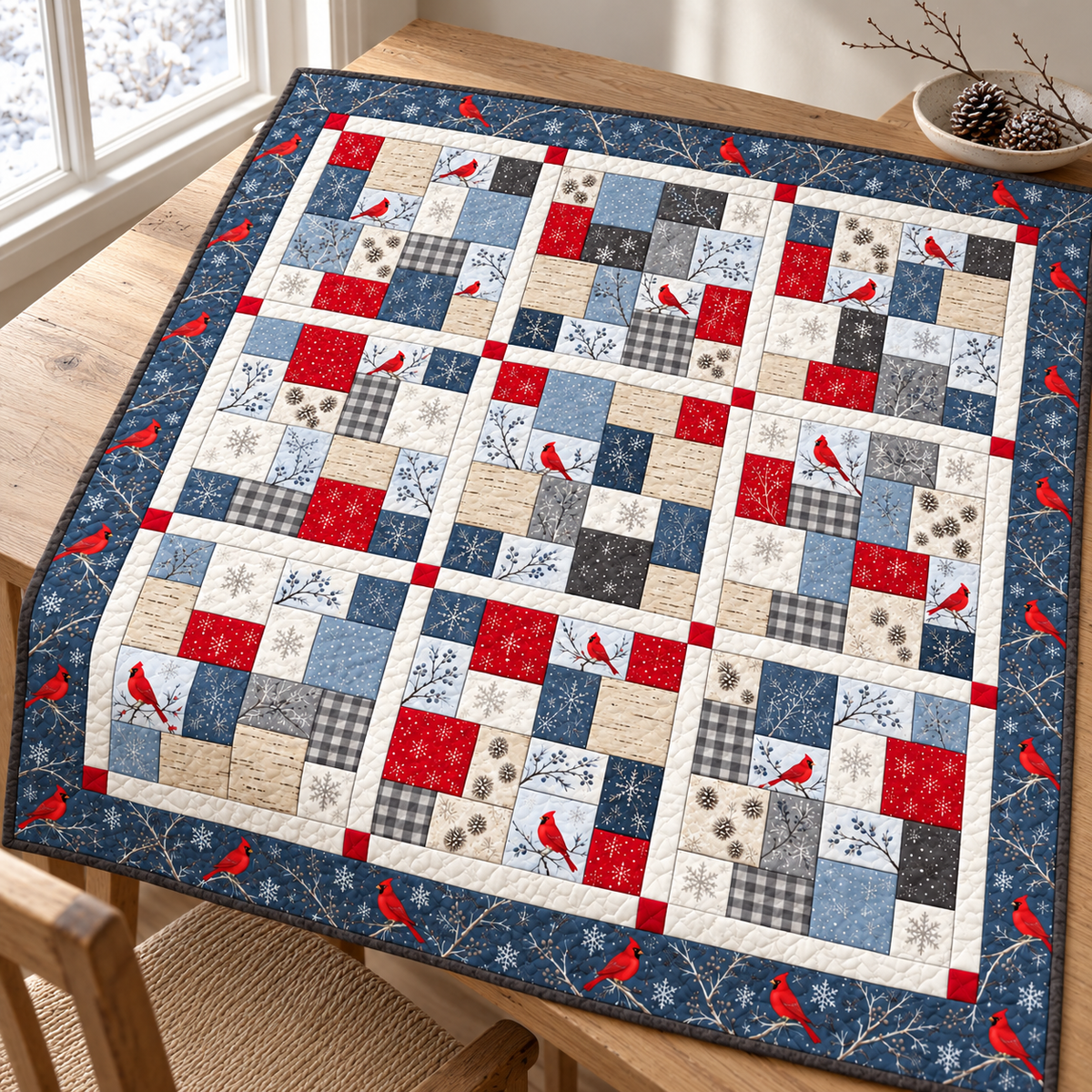 Cardinal Snowfall quilt laid on a wooden table near a winter window