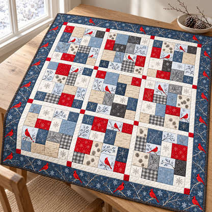 Cardinal Snowfall quilt laid on a wooden table near a winter window