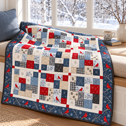 Winter cardinal quilt draped on a window seat with snowy birch trees outside
