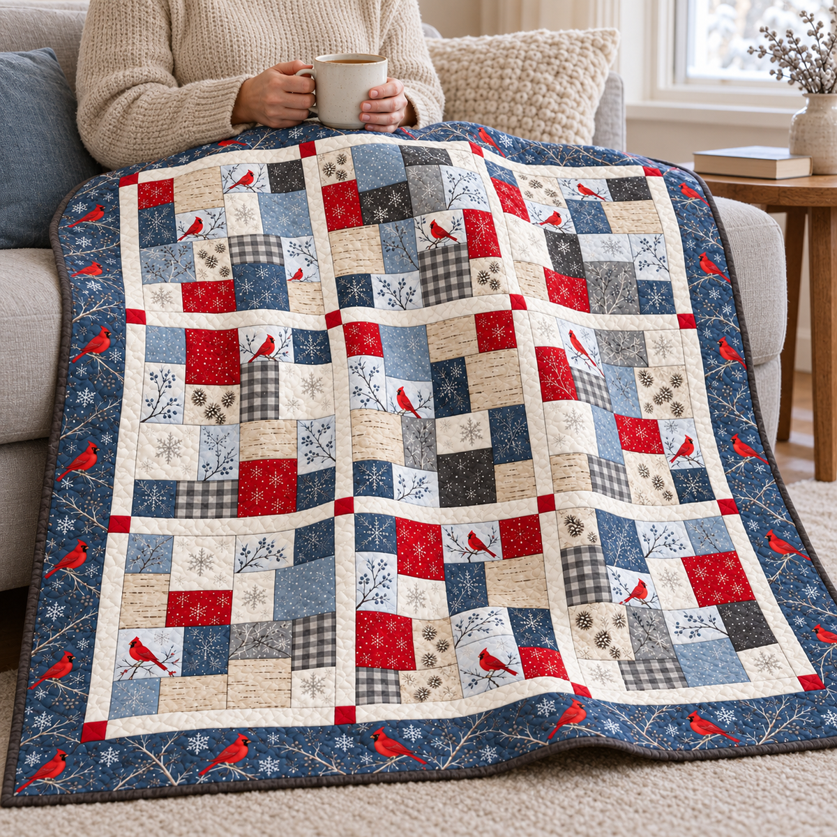 Woman holding a mug of tea under the Cardinal Snowfall throw quilt on a sofa