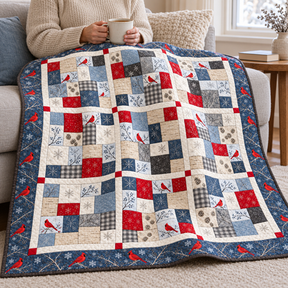 Woman holding a mug of tea under the Cardinal Snowfall throw quilt on a sofa