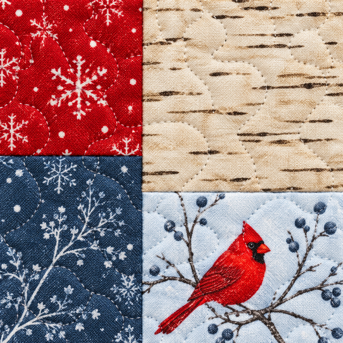 Close-up of one tossed unit with red snowflake, birch bark, blue branch and red cardinal print pieces