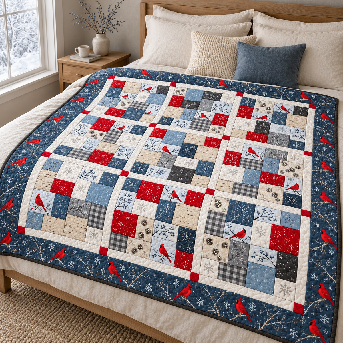Cardinal Snowfall quilt spread on a bed with white pillows in a light winter bedroom