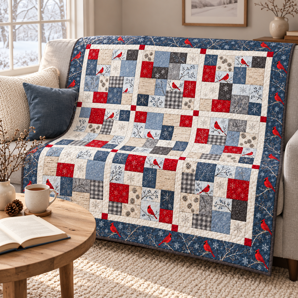 Winter cardinal patchwork quilt draped over a grey sofa beside a snowy window, with tea and an open book on a coffee table