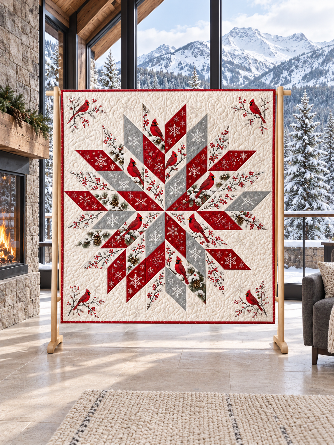 Winter star quilt in cardinal red, silver and ivory on a stand in a mountain lodge with large windows