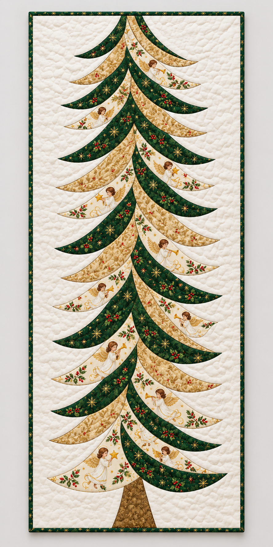 Celestial Boughs Christmas tree table runner in evergreen, ivory and gold with angel-print fabrics — illustrative fabric styling