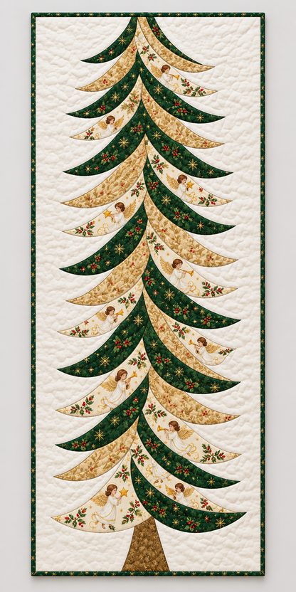 Celestial Boughs Christmas tree table runner in evergreen, ivory and gold with angel-print fabrics — illustrative fabric styling