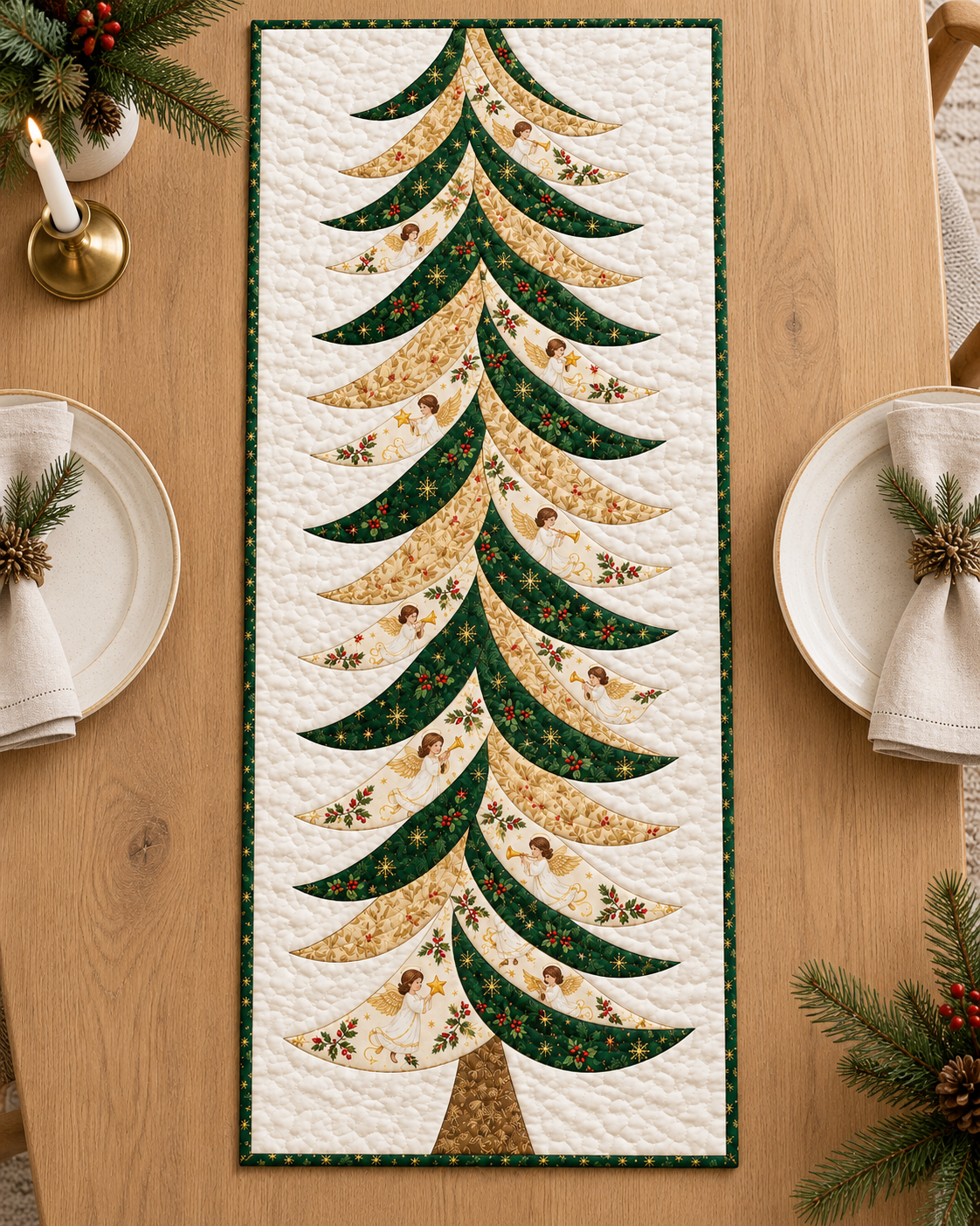 Full angel Christmas tree table runner on a pale oak dining table — AI-generated fabric-styling illustration