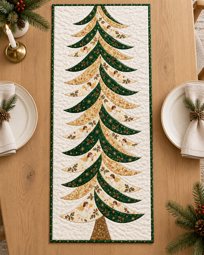 Full angel Christmas tree table runner on a pale oak dining table — AI-generated fabric-styling illustration