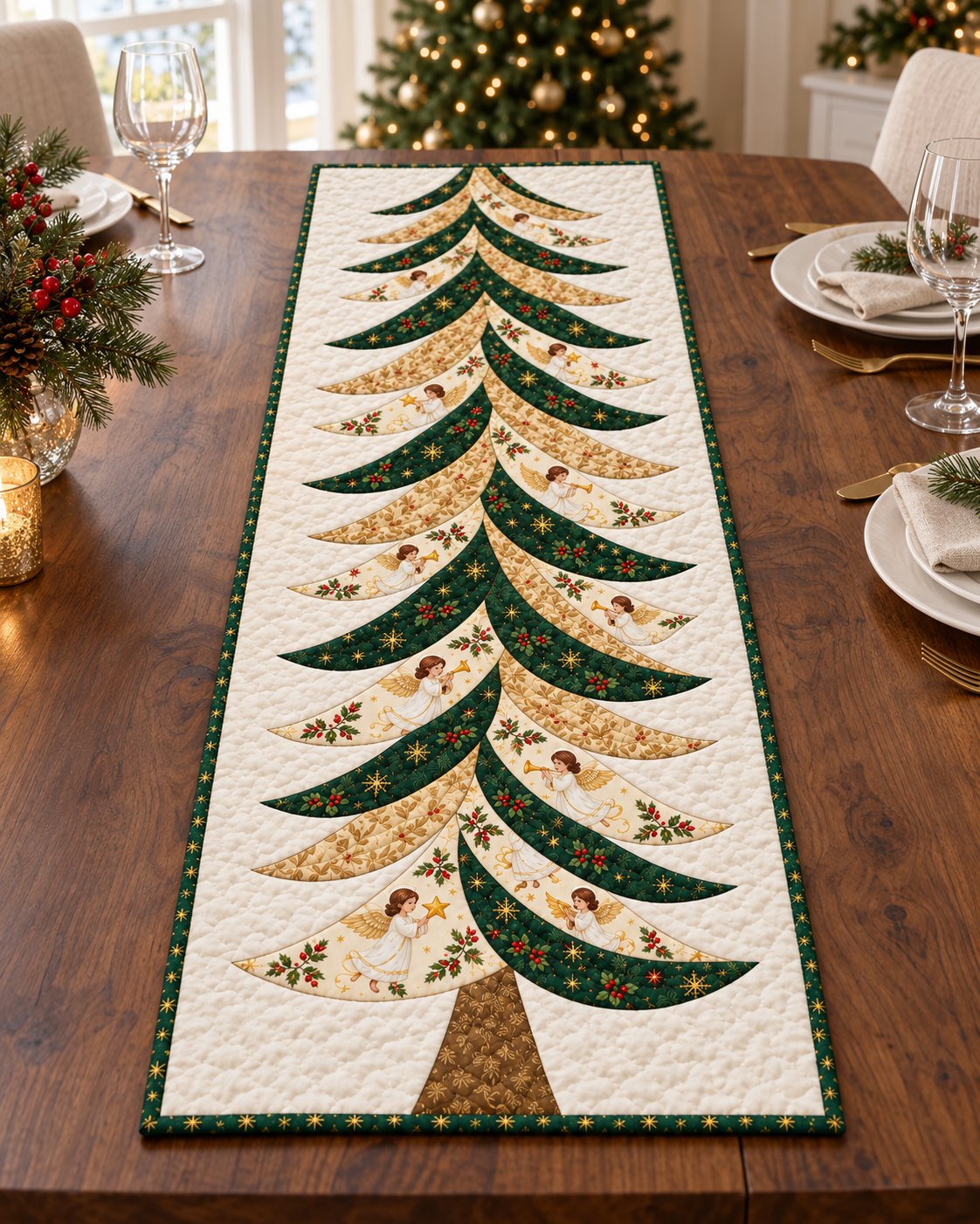 Celestial Boughs runner styled lengthwise on a festive dining table — AI-generated fabric-styling illustration