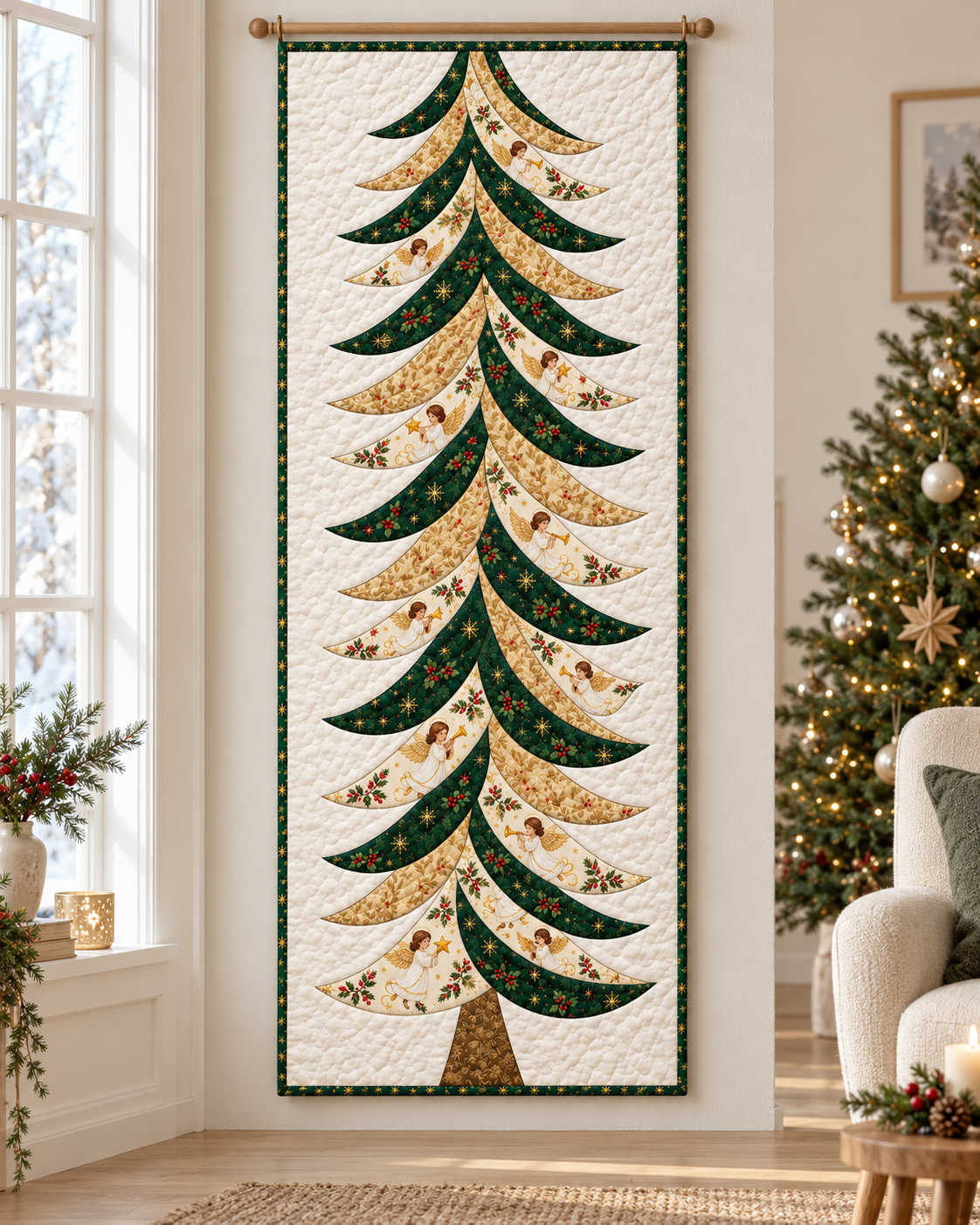 Celestial Boughs angel Christmas tree design displayed vertically in a bright home — AI-generated fabric-styling illustration