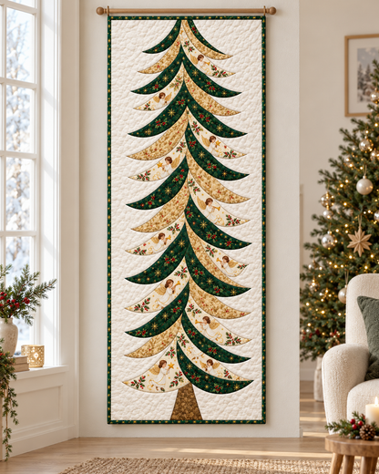 Celestial Boughs angel Christmas tree design displayed vertically in a bright home — AI-generated fabric-styling illustration