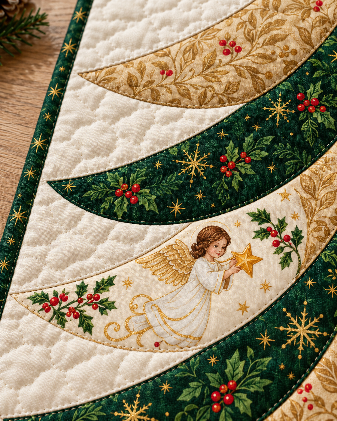 Close-up of ivory angel-print fabric with evergreen and gold curved boughs — AI-generated fabric-styling illustration