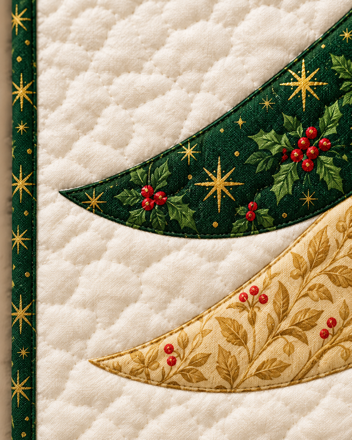 Close-up of curved tree-bough edges and ivory quilting — AI-generated fabric-styling illustration