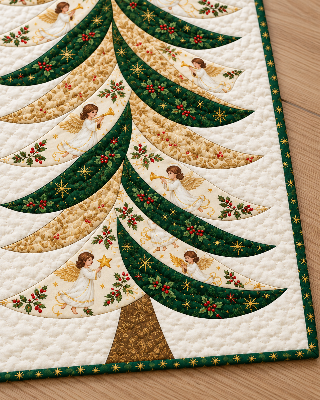 Brown and gold tree trunk with evergreen star-print binding — AI-generated fabric-styling illustration
