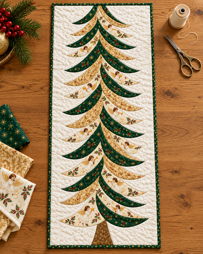 Completed Celestial Boughs runner on a sewing table with coordinating fabrics — AI-generated fabric-styling illustration