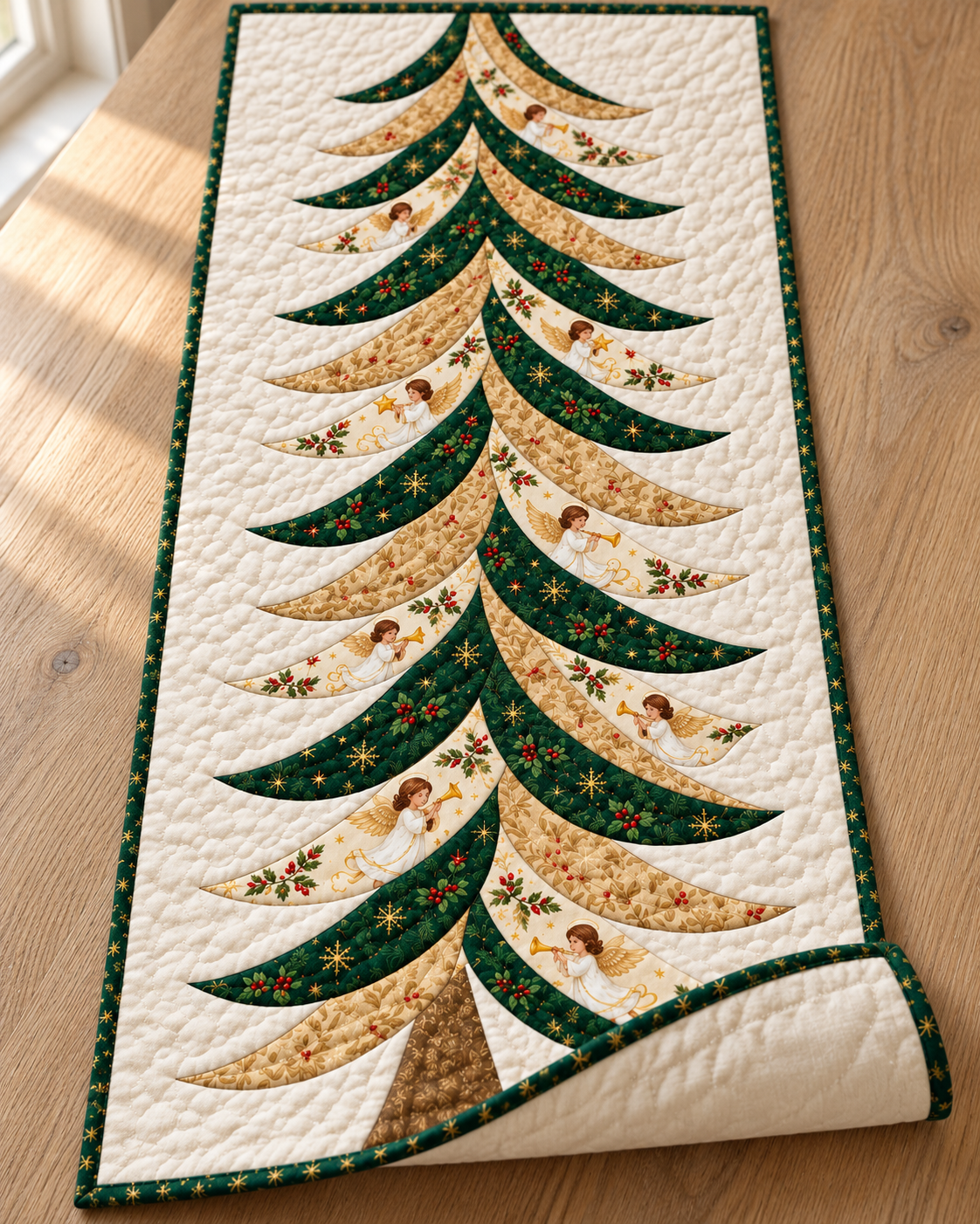 Soft folded corner of the Christmas tree runner showing ivory backing — AI-generated fabric-styling illustration