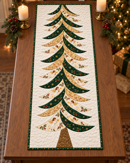 Celestial Boughs table runner styled for a warm Christmas evening — AI-generated fabric-styling illustration