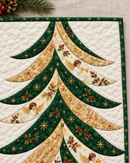 Tree crown and golden-winged angel-print fabric detail — AI-generated fabric-styling illustration