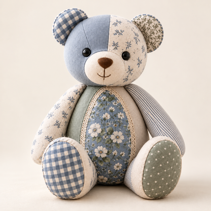 Cherished Stitches patchwork memory bear sewn sample in dusty blue, ivory and sage on an ivory background. AI-generated finished-sample illustration.