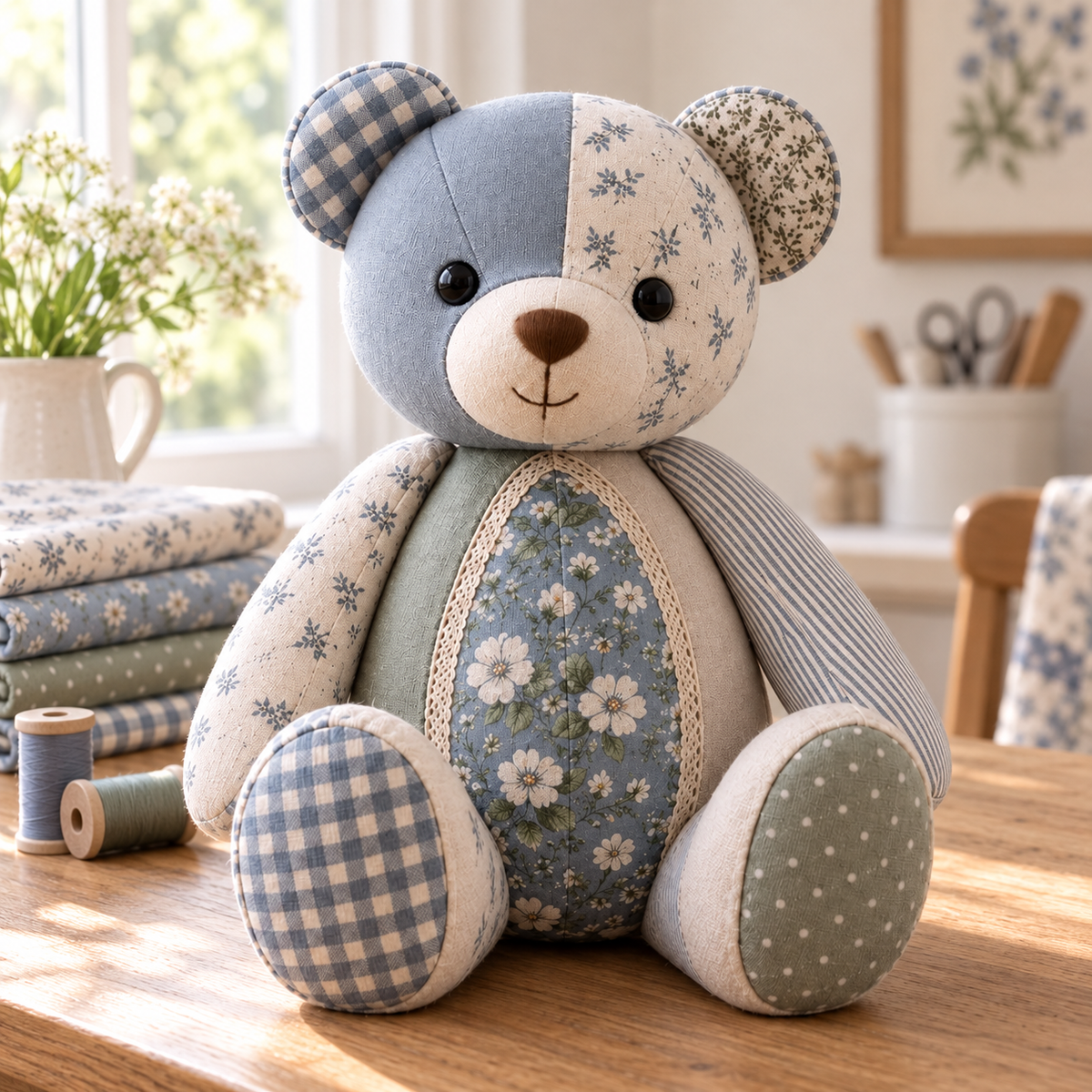 Cherished Stitches memory bear on an oak sewing table with coordinating fabrics. AI-generated finished-sample illustration.