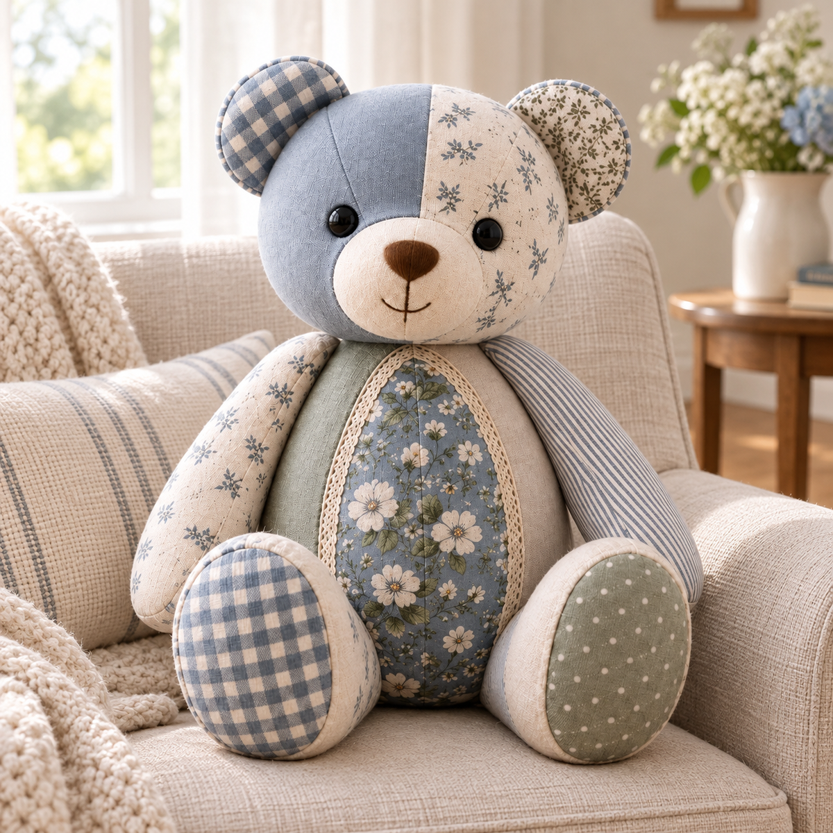 Cherished Stitches patchwork memory bear on a linen armchair by a window. AI-generated finished-sample illustration.
