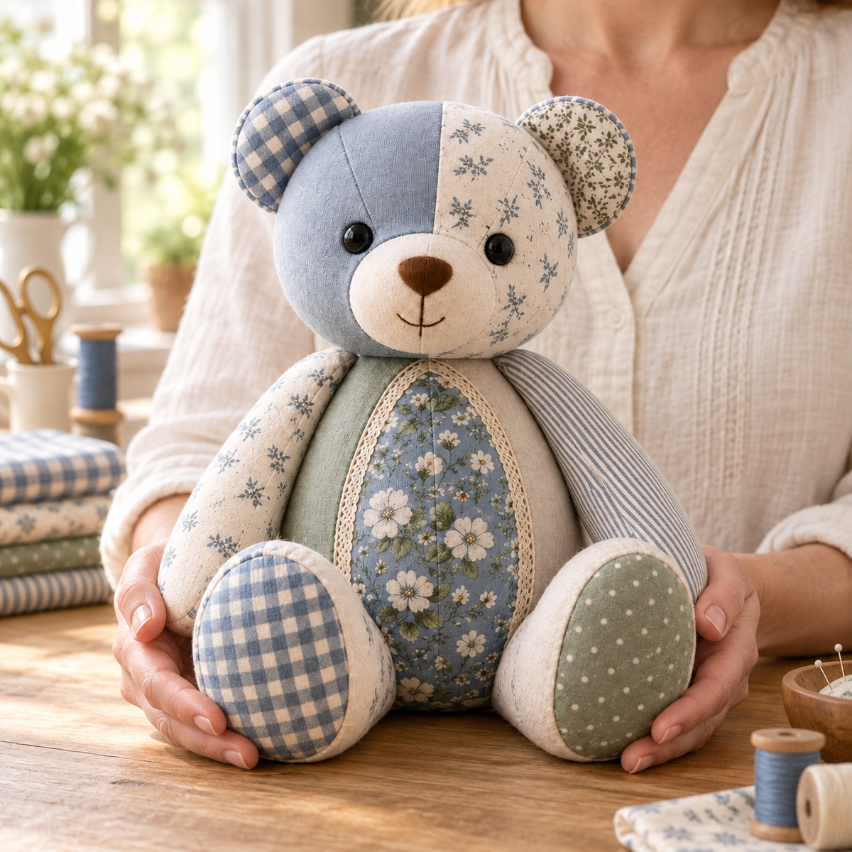 An adult holds the Cherished Stitches patchwork memory bear at a sewing table. AI-generated finished-sample illustration.