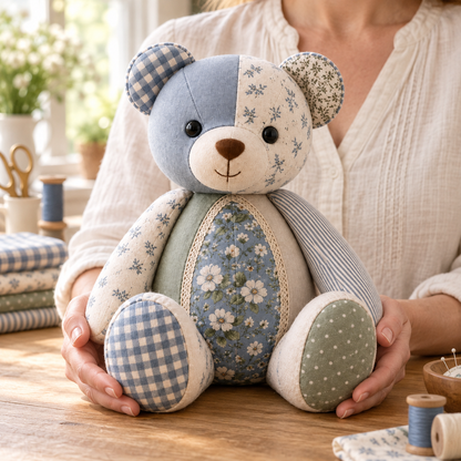 An adult holds the Cherished Stitches patchwork memory bear at a sewing table. AI-generated finished-sample illustration.