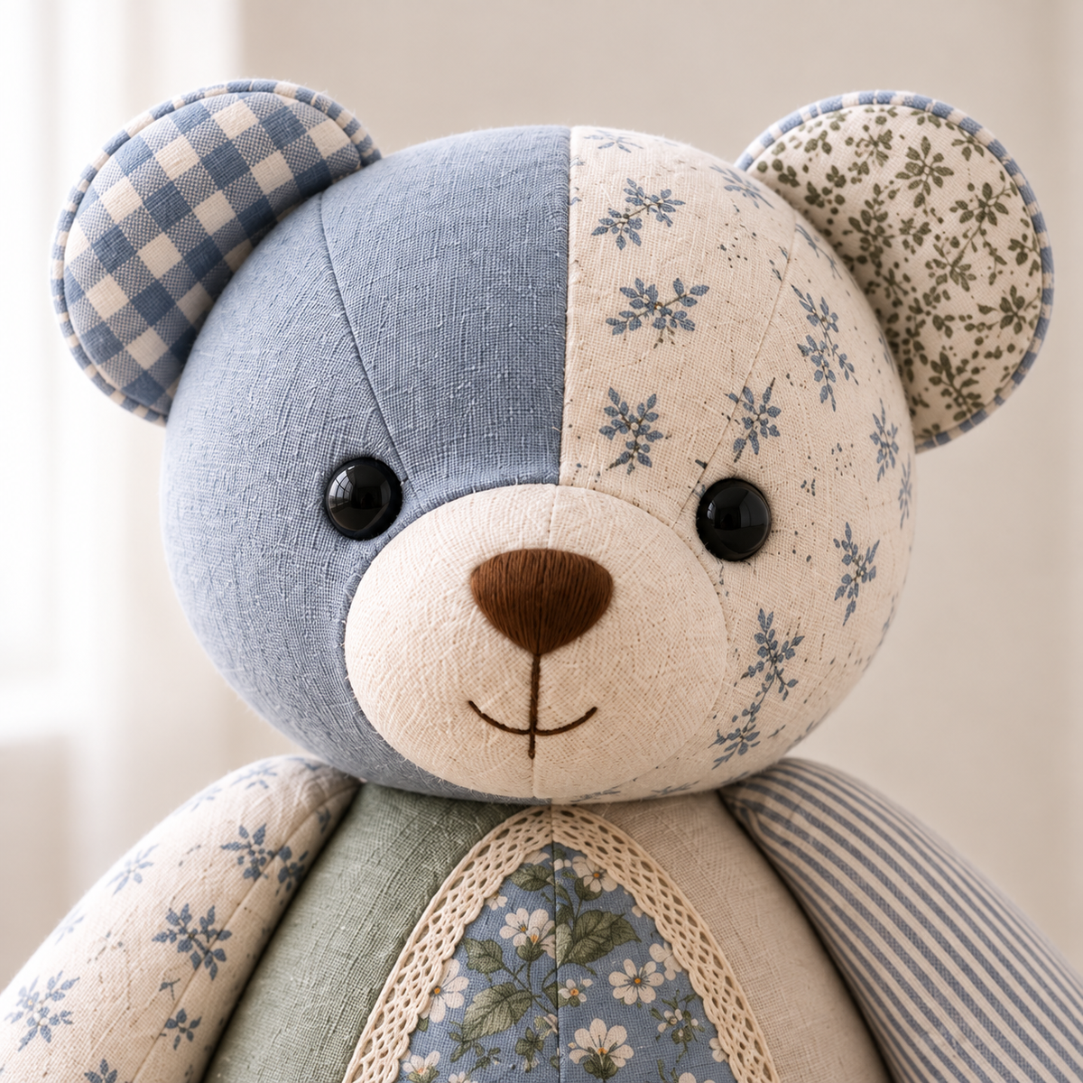 Close-up of the Cherished Stitches memory bear face, floral cotton and gingham ear. AI-generated finished-sample illustration.