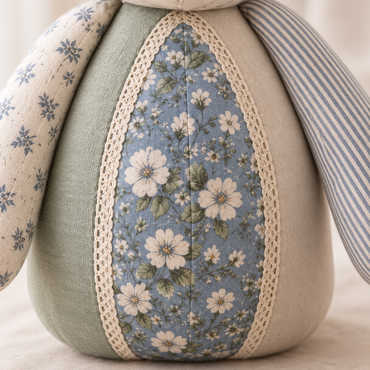 Close-up of the blue floral belly panel and ivory lace on the Cherished Stitches bear. AI-generated finished-sample illustration.