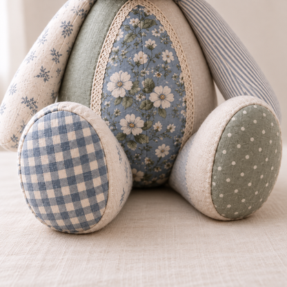 Gingham and sage polka-dot foot pads on the Cherished Stitches patchwork bear. AI-generated finished-sample illustration.