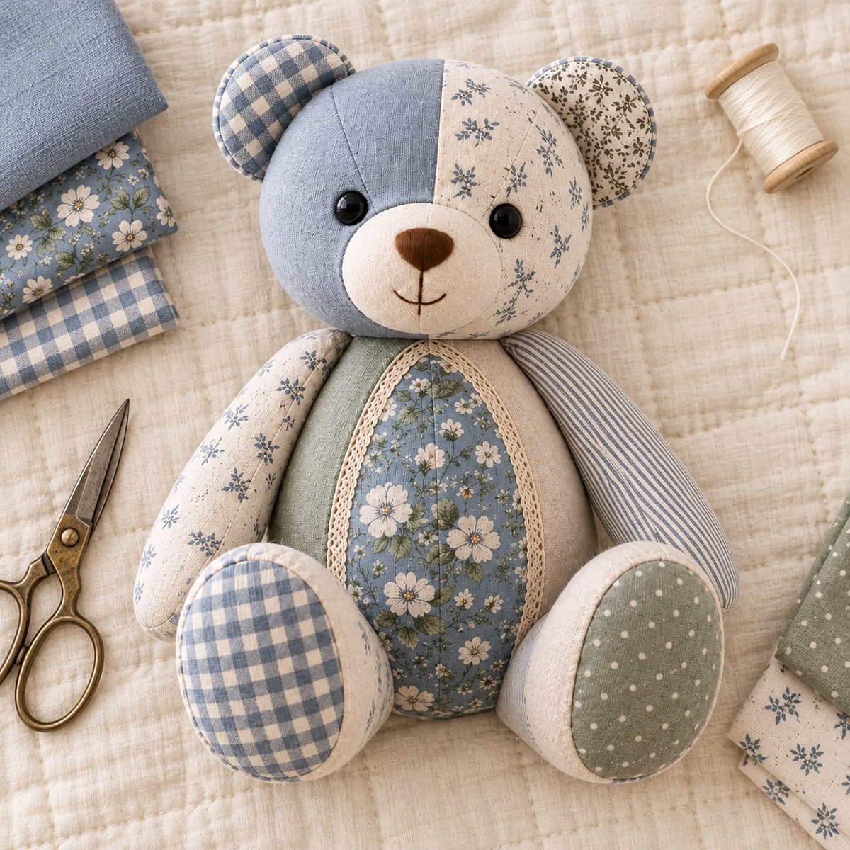 Overhead view of the Cherished Stitches patchwork bear with coordinating cotton fabrics. AI-generated finished-sample illustration.