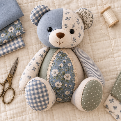 Overhead view of the Cherished Stitches patchwork bear with coordinating cotton fabrics. AI-generated finished-sample illustration.