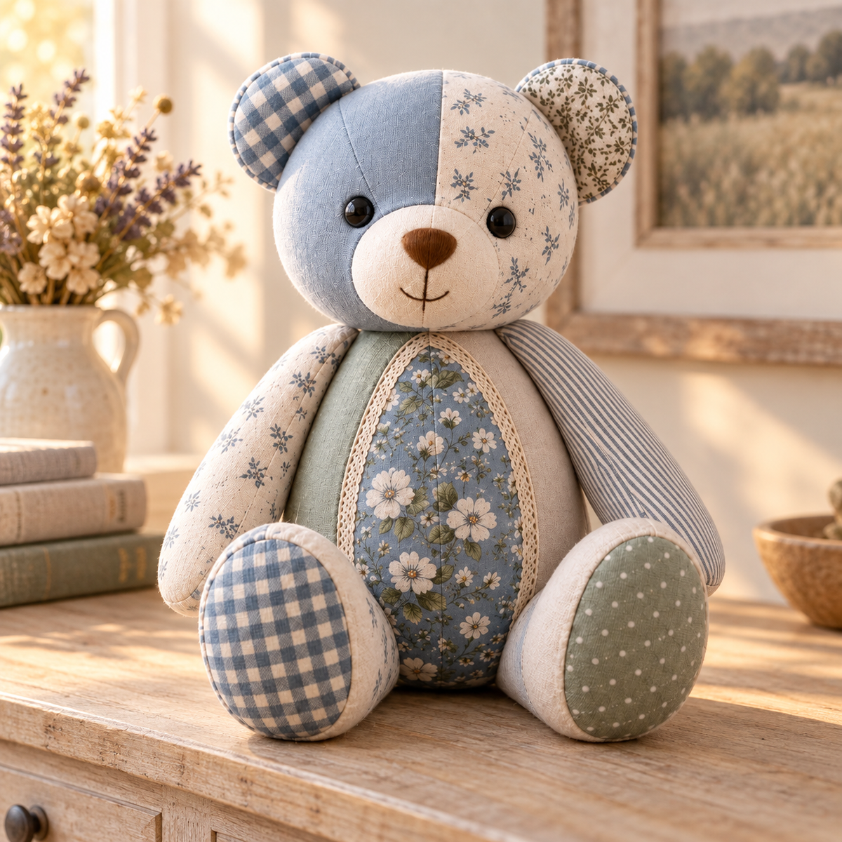 Cherished Stitches memory bear displayed on a farmhouse console in golden daylight. AI-generated finished-sample illustration.