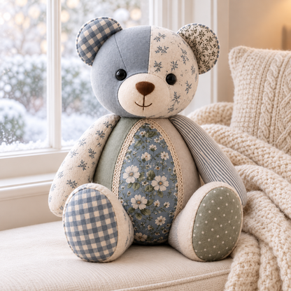 Cherished Stitches patchwork memory bear on a cozy winter window seat. AI-generated finished-sample illustration.