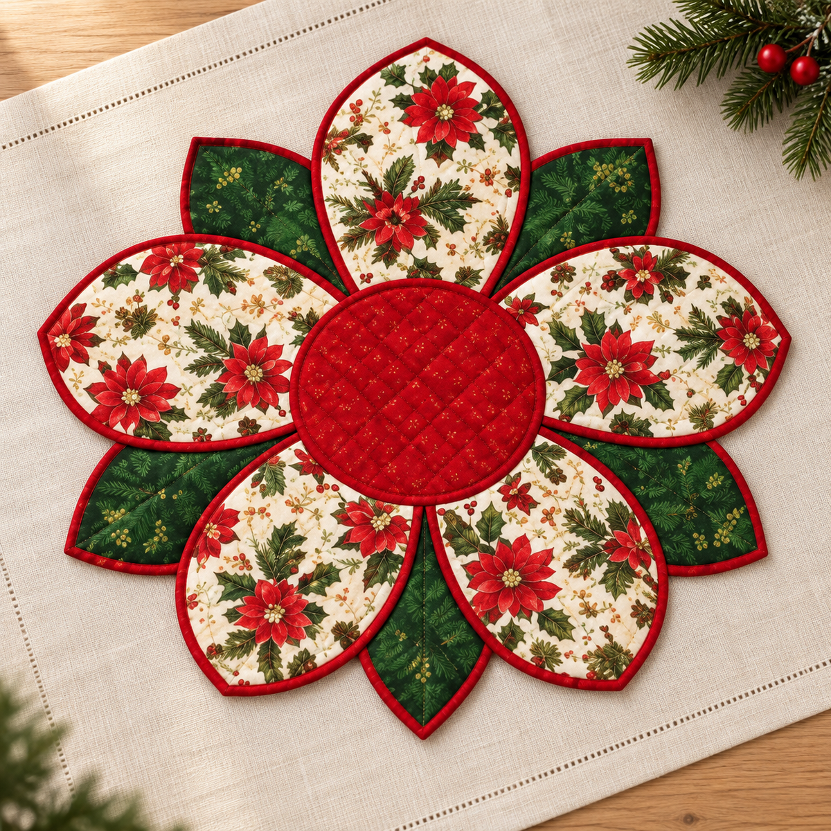 Christmas Blossom flower-shaped placemat in red, green and cream on ivory linen; AI-generated styling illustration