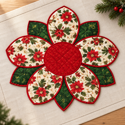 Christmas Blossom flower-shaped placemat in red, green and cream on ivory linen; AI-generated styling illustration