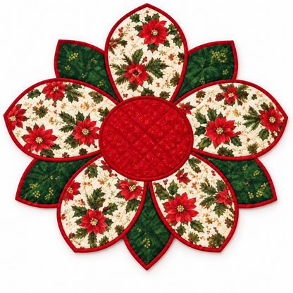 Christmas Blossom quilted flower placemat on a clean white background; AI-generated styling illustration