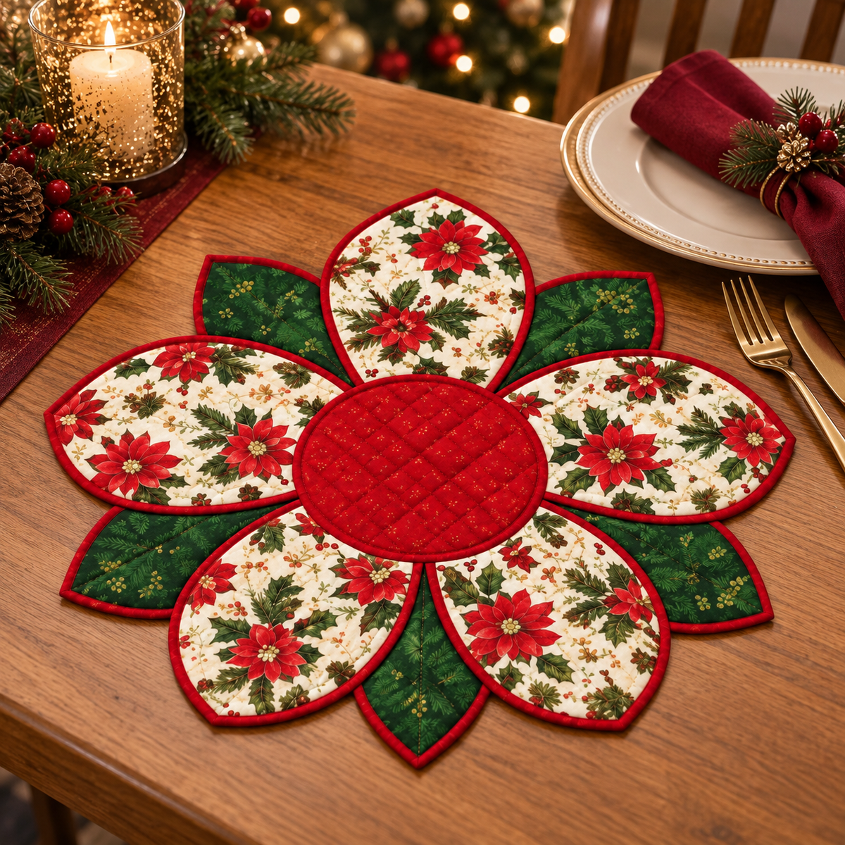 Christmas Blossom placemat styled on a festive Christmas dining table; AI-generated styling illustration