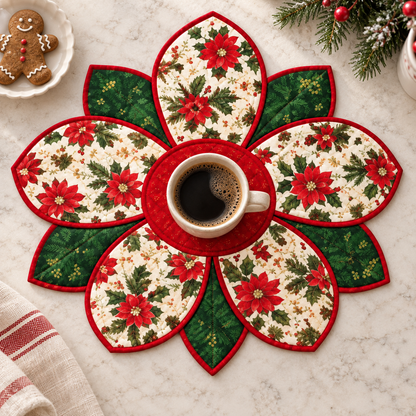 Christmas flower placemat with a coffee cup and holiday cookie; AI-generated styling illustration